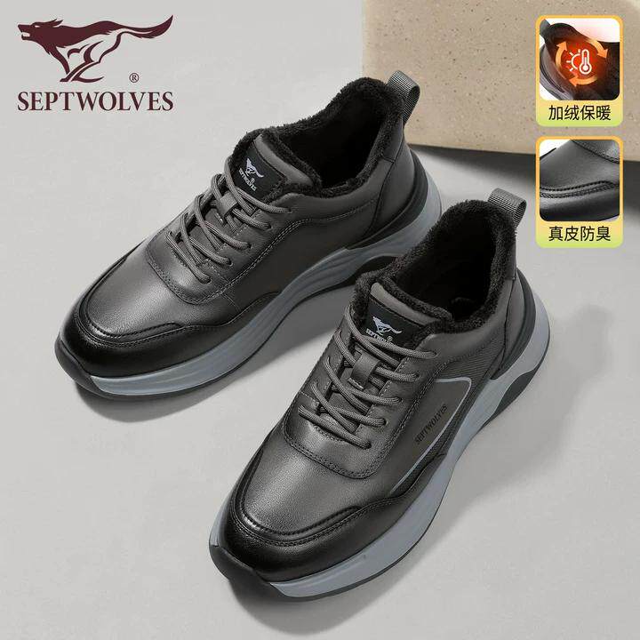 七匹狼男士冬季休闲鞋加绒保暖真皮男鞋2025新款黑色厚底运动皮鞋,流行男鞋,棉鞋,淘宝优惠券,粉丝福利购,淘宝优惠卷