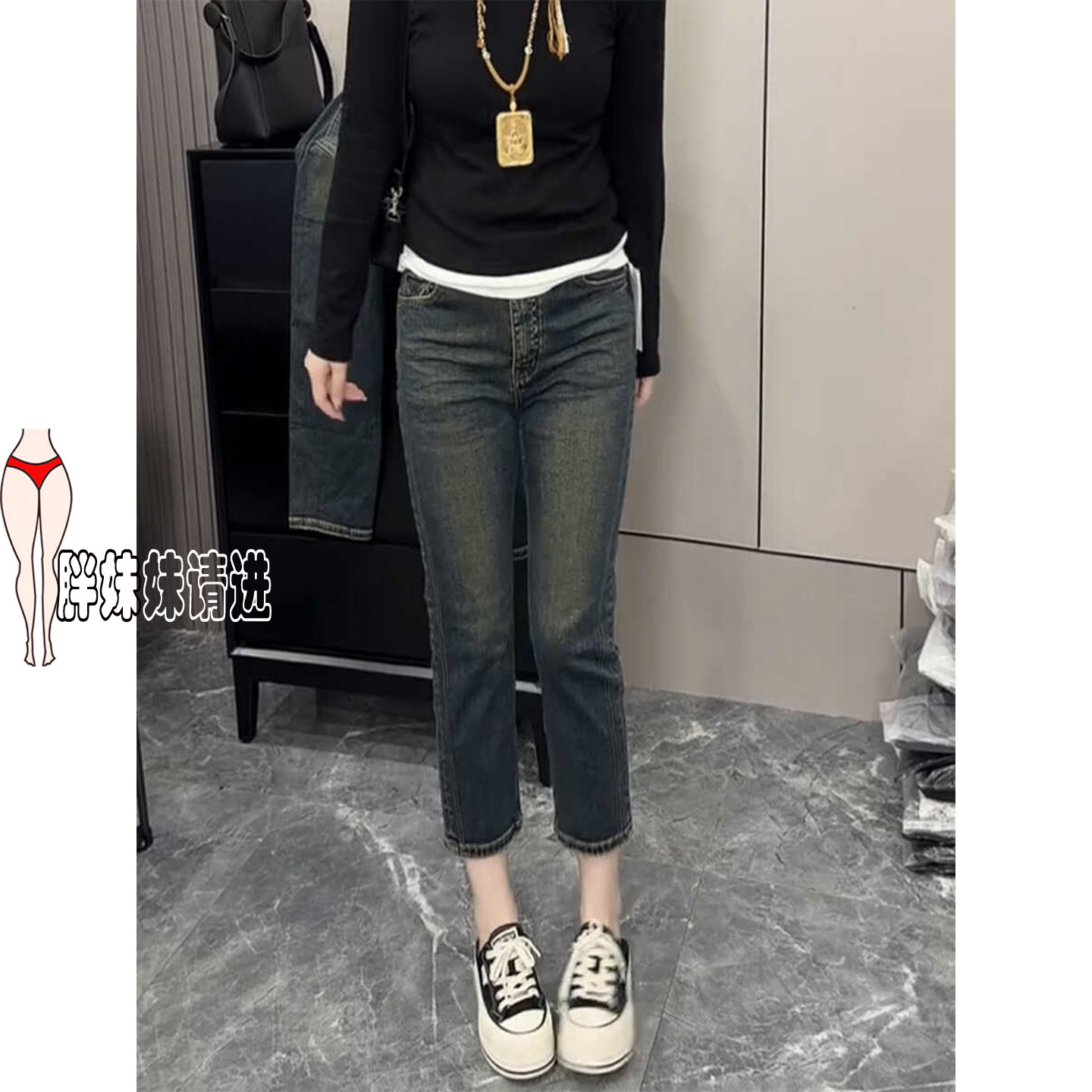 大码复古港风八分水洗直筒牛仔裤女春夏季新款弹力百搭修身烟管裤