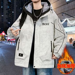 新款夹克外套男冬季加绒加厚连帽保暖夹克学生时尚休闲夹克上衣潮