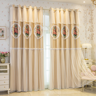 法式浪漫布沙一体蕾丝窗帘奶油风卧室遮光客厅高级感奶茶色公主帘