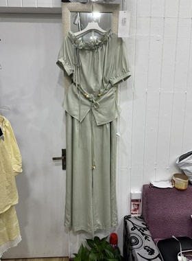 简约木耳边斜肩短袖小衫+韩版宽松显瘦高腰休闲裤两件套女夏新款