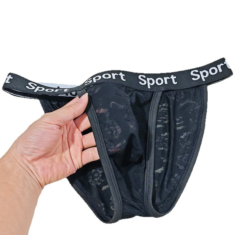 蕾丝男士内裤冰丝玫瑰花高衩三角裤弹力贴身个性运动男生短裤代发