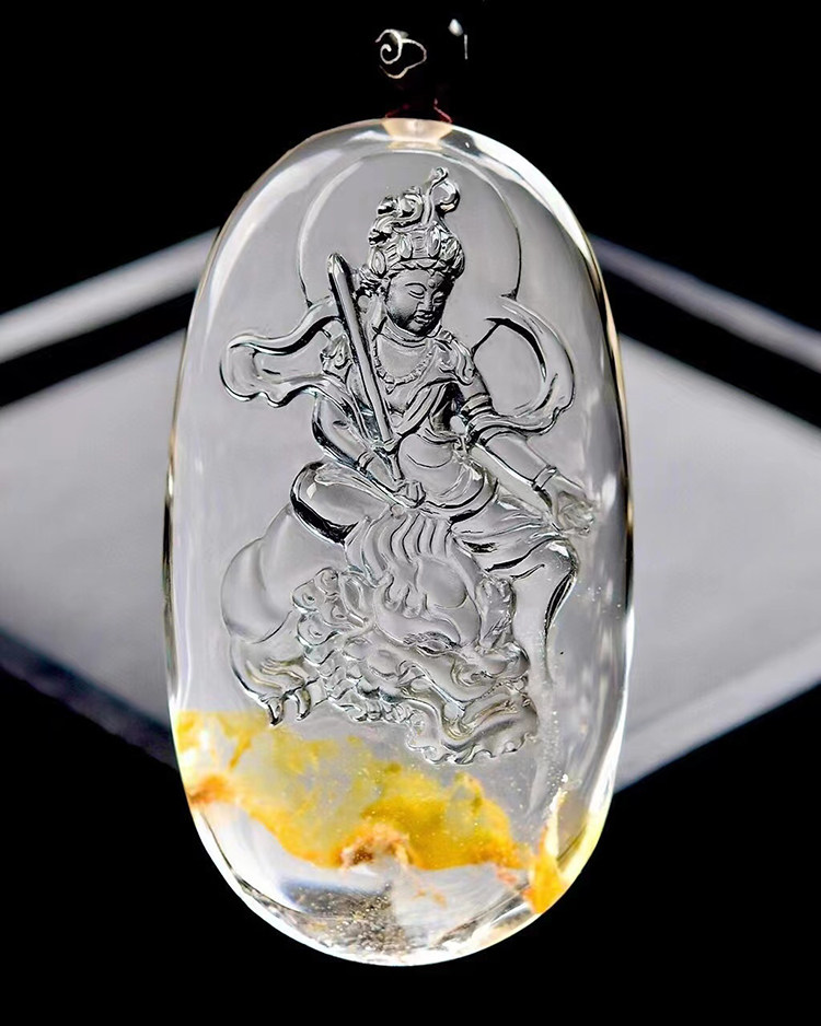 天然白水晶黄胶花雕刻文殊菩萨吊坠项链挂件守护神本命佛男女属兔