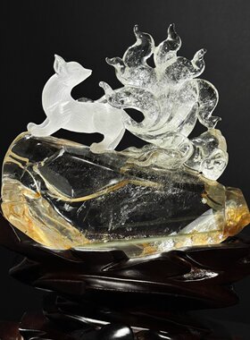天然白水晶黄胶花绿幽灵雕刻九尾狐摆件狐狸狐仙