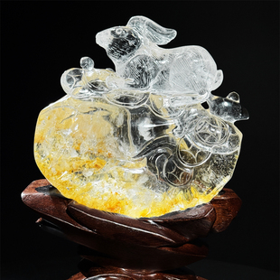 天然白水晶黄胶花雕刻兔生肖兔摆件小兔子吉祥物招财工艺品