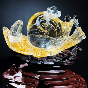 天然白水晶黄胶花雕刻蜗牛摆件扭转乾坤安居乐业客厅招财
