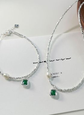 s925纯银小众设计祖母绿方钻碎银子项链女ins风天然珍珠手链套装