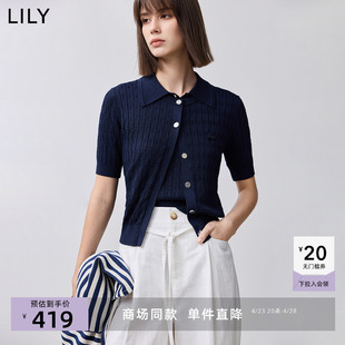 【商场同款】LILY2025春新款女装学院风休闲圆领短袖针织开衫外套