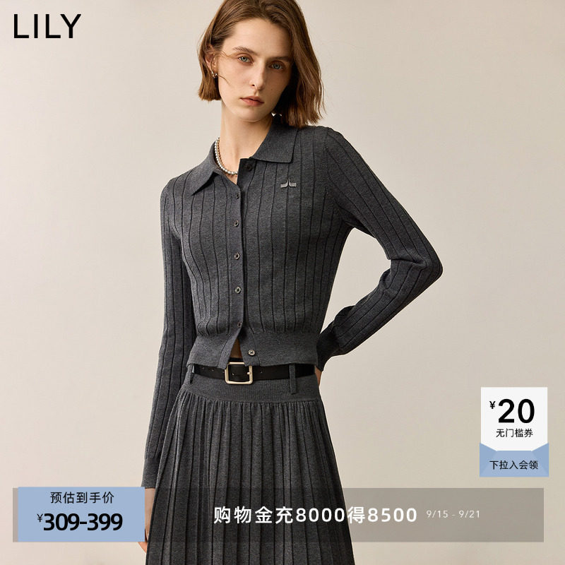 LILY2024冬新款女装格雷系学院风POLO领修身显瘦通勤针织开衫外套