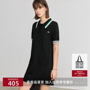 LILY2025春新款学院风复古休闲撞色POLO领通勤短袖针织连衣裙女
