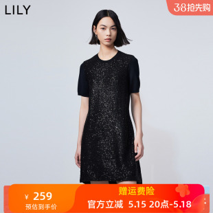 女装 LILY2024春新款 别致珠片气质通勤都市显瘦连衣裙小黑裙小个子