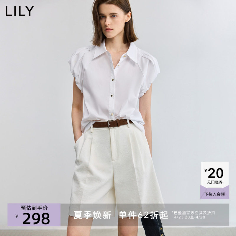 LILY2025夏新款女装法式浪漫纯色花苞袖休闲职业通勤百搭白色衬衫