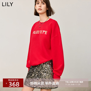 LILY2025冬新款女装新年氛围感字母印花宽松休闲红色圆领套头卫衣