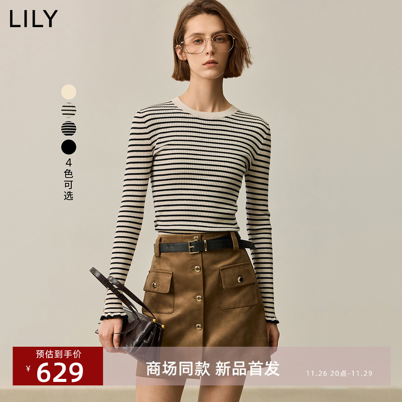 【商场同款】LILY2025冬新款女装绵羊毛山羊绒修身百搭针织衫打底