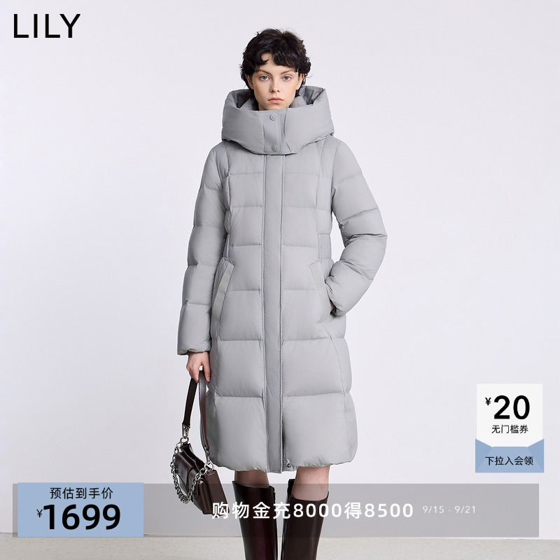【法奢白金鹅绒服】LILY2025冬新款连帽收腰零压羽绒服外套长款女
