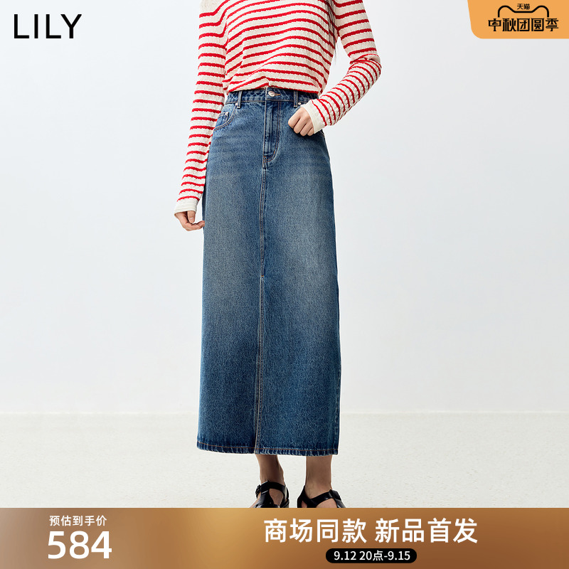 【商场同款】LILY2025秋新款复古全棉百搭高腰开衩牛仔直筒半身裙