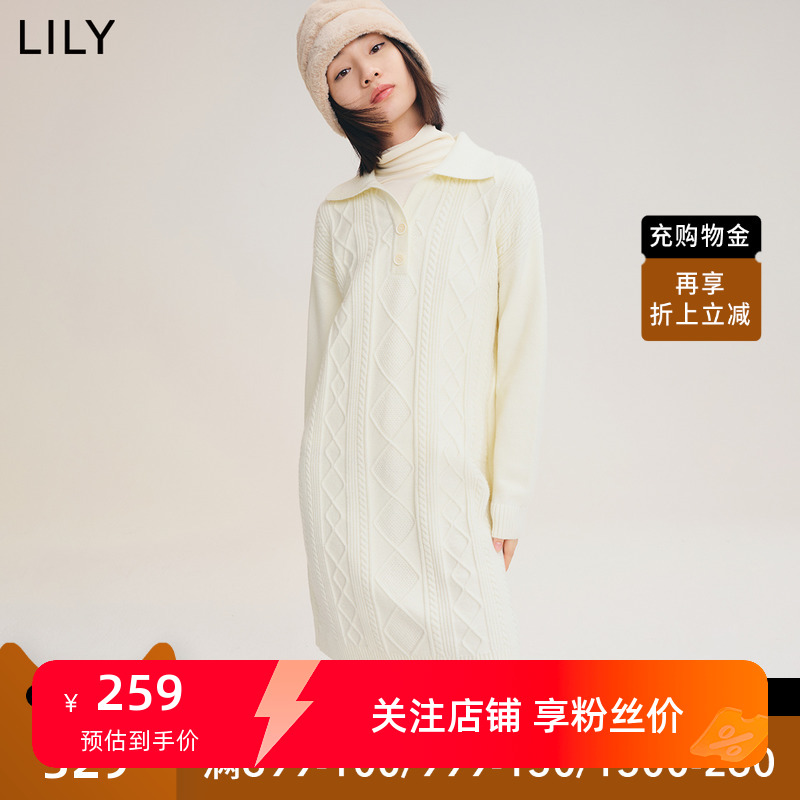 LILY2022冬新款女装优雅纯色通勤款复古翻领宽松直筒针织款连衣裙