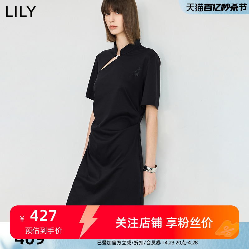 新中式旗袍连衣裙LILY24夏新款复古通勤优雅不对称抽褶收腰小黑裙