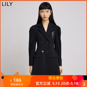 LILY2022春新款女装复古泡泡袖气质双排扣收腰显瘦黑色西装连衣裙