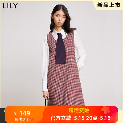 【商场同款】LILY2022春新款女装复古优雅千鸟格中长款吊带连衣裙