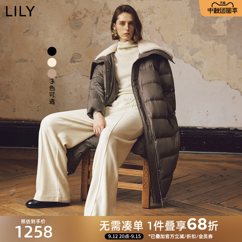 LILY2025冬新款女装拼接大翻领轻量0压90鸭绒被子款羽绒服女长款