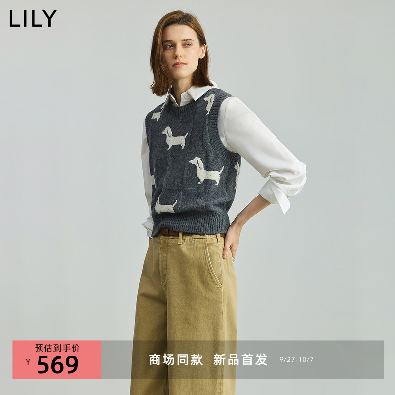 【商场同款】LILY2025秋新款女装羊毛兔毛混纺小狗图案无袖针织衫