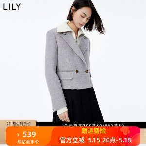 LILY2023冬新款女装绵羊毛复古双排扣时尚短款通勤毛呢外套大衣女