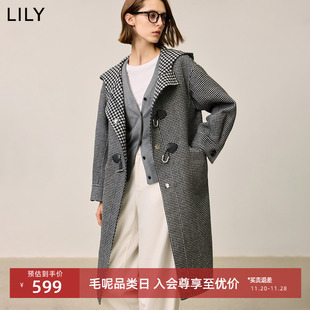LILY2025冬新款女装绵羊毛复古千鸟格连帽牛角扣毛呢大衣外套长款