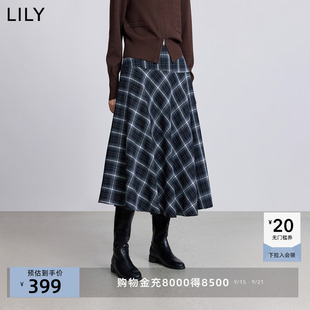 LILY2025冬新款女装格雷系磨毛绒感撞色格纹气质通勤A字裙半身裙