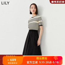 【商场同款】LILY2024春新款女装复古条纹设计感拼接高腰款连衣裙