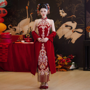 新中式 挂脖丝绒敬酒服新娘结婚旗袍订婚礼服出阁答谢礼服晨服拍照