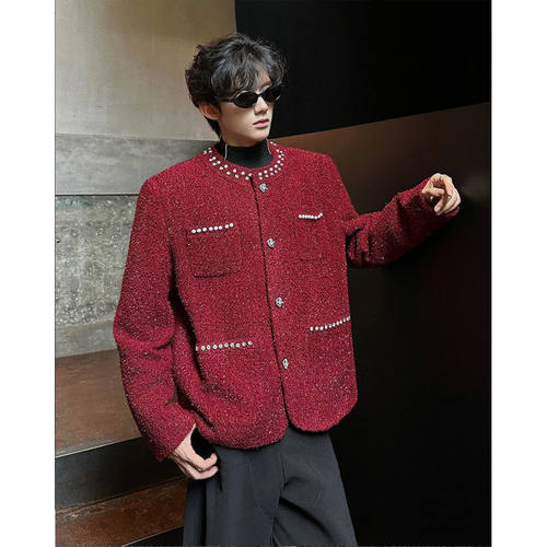 2025秋冬男士珍珠铆钉亮丝酒红小香风毛呢外套红色高级感夹克
