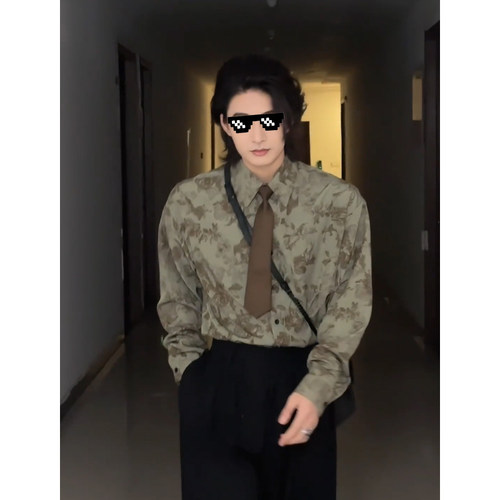 nzzg美式复古绿色碎花衬衫男长袖高级感痞帅巴洛克古着vintage衬