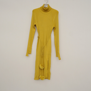 拉SML撤柜正品 女冬高领罗纹舒柔修身盖膝细毛线针织裙6A0391棕黄