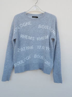 拉系SM撤柜正品女冬含兔毛茸茸双色字母提花圆领毛衣4A8729夹花灰