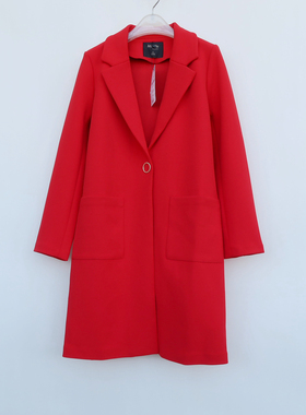 麦系列S/M专柜断码 女春秋厚柔罗马针织布中长西装外套7A4072红色