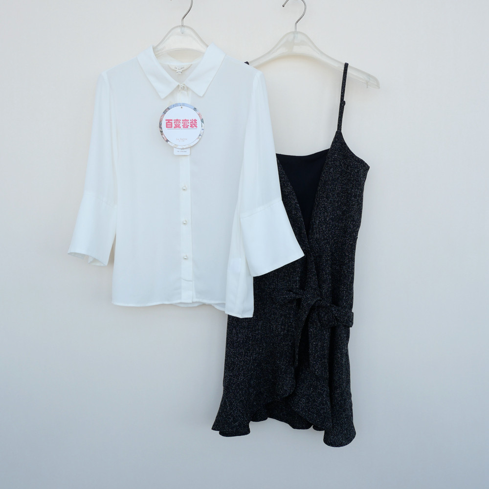 拉系列S/M/L专柜正品 春夏七分袖两件套色织梗纱吊带裙4A6360黑色