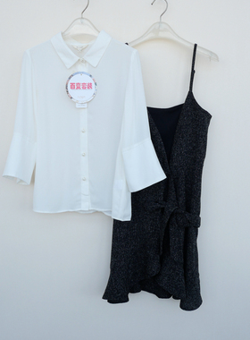 拉系列S/M/L专柜正品 春夏七分袖两件套色织梗纱吊带裙4A6360黑色