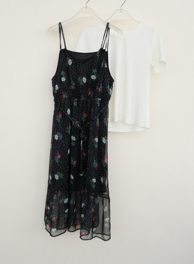 拉系列S/M正品超值 女夏中长过膝雪纺印花两件套连衣裙4A8321混色