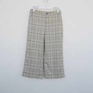 拉系列SM正品清仓 女春秋微弹舒柔阔腿休闲八分裤5A9102格子混色