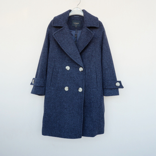拉系列SM正品 女冬厚柔舒适及膝保暖毛呢外套大衣6A0879藏青 清仓