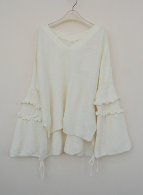 拉系列ML撤柜正品 女冬蓬松马海毛混纺特宽松V领毛衣6A0568本白