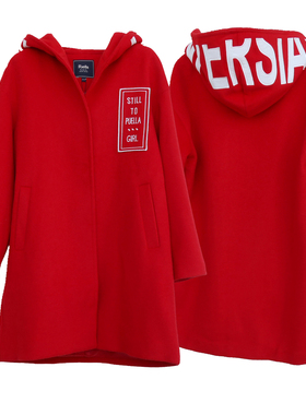 拉系列S/M/L专柜正品 女秋冬宽松连帽羊毛混纺毛呢外套8B0938大红