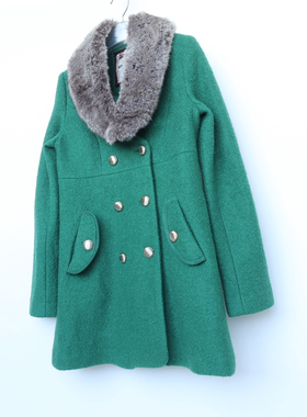 艾格淘特S正品清仓 女修身双排扣羊毛粗纺毛呢外套4N4101孔雀绿
