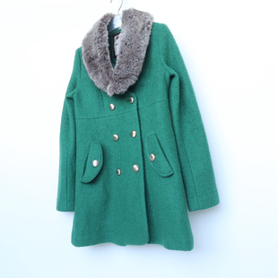 艾格淘特S正品清仓 女修身双排扣羊毛粗纺毛呢外套4N4101孔雀绿