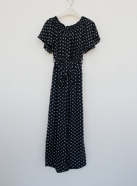 拉系SM撤柜正品女夏舒柔乔其印花高腰阔腿连体八分裤5A1521黑色