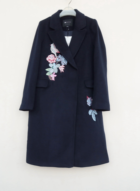 拉系列/S撤柜正品 女冬直筒过膝厚款毛呢棉服棉大衣8B9499藏青