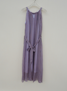 拉系列M/L正品超值 女夏雪纺格子印花无袖长裙连衣裙4A8304深紫
