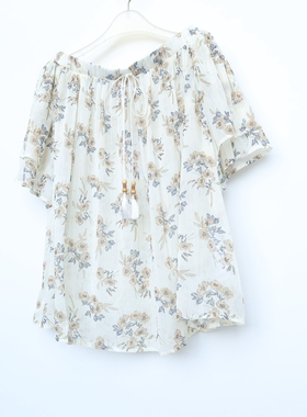 CC系列S/M正品 女夏宽松一字肩雪纺印花短袖衬衫2C416011樱草黄