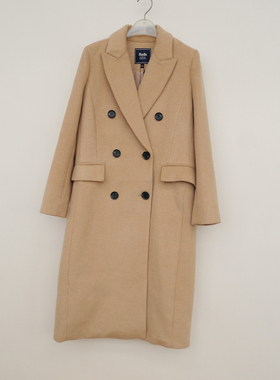 拉系SM专柜正品女冬加厚暖过膝双排扣正肩毛呢外套大衣5A2544驼色